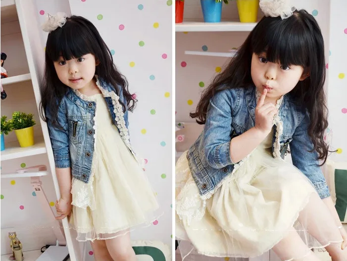 

Girls Jean Jackets Kids Lace Coat Long Sleeve Button Denim Jackets For Girls 2-7Y New Woolen Fashion Patchwork