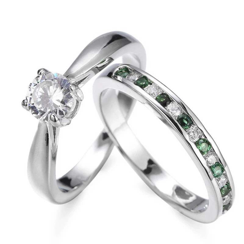 

2 Pcs/set Fashion Couple Green Zircon Spacer White Crystal Ring Set for Women Party Wedding Hand Jewelry Size 6-10