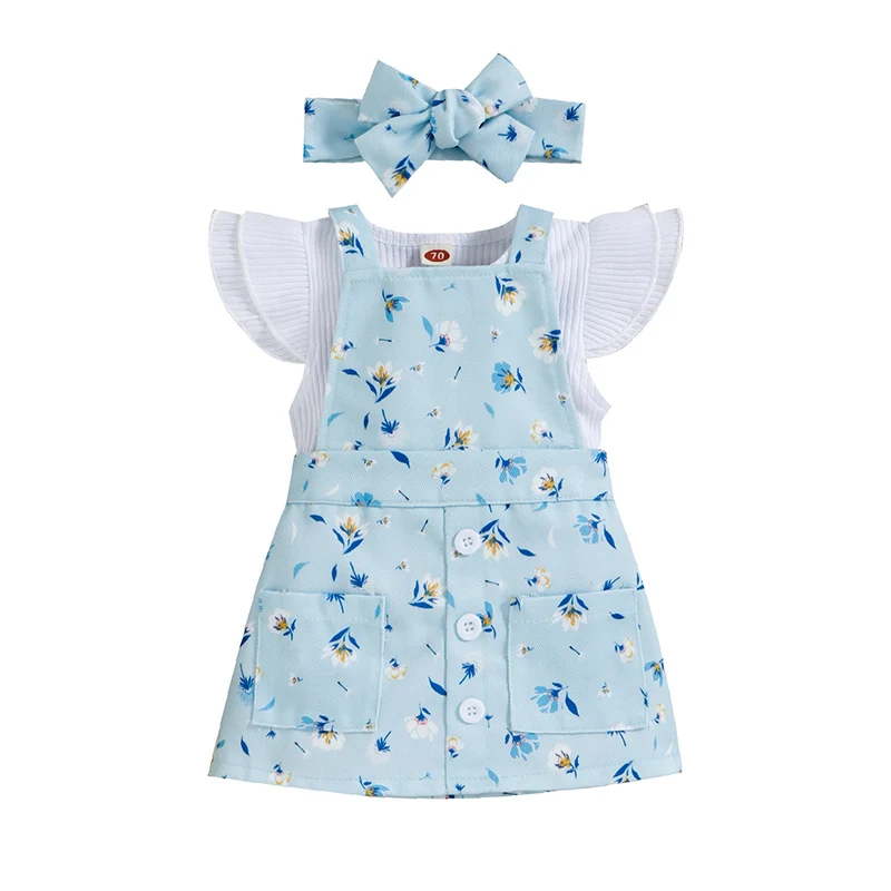

baby clothes new born Girls Romper Outfit Round Collar Fly Sleeve Jumpsuit Floral Suspender Skirt Headwear Girl 2 years clothing