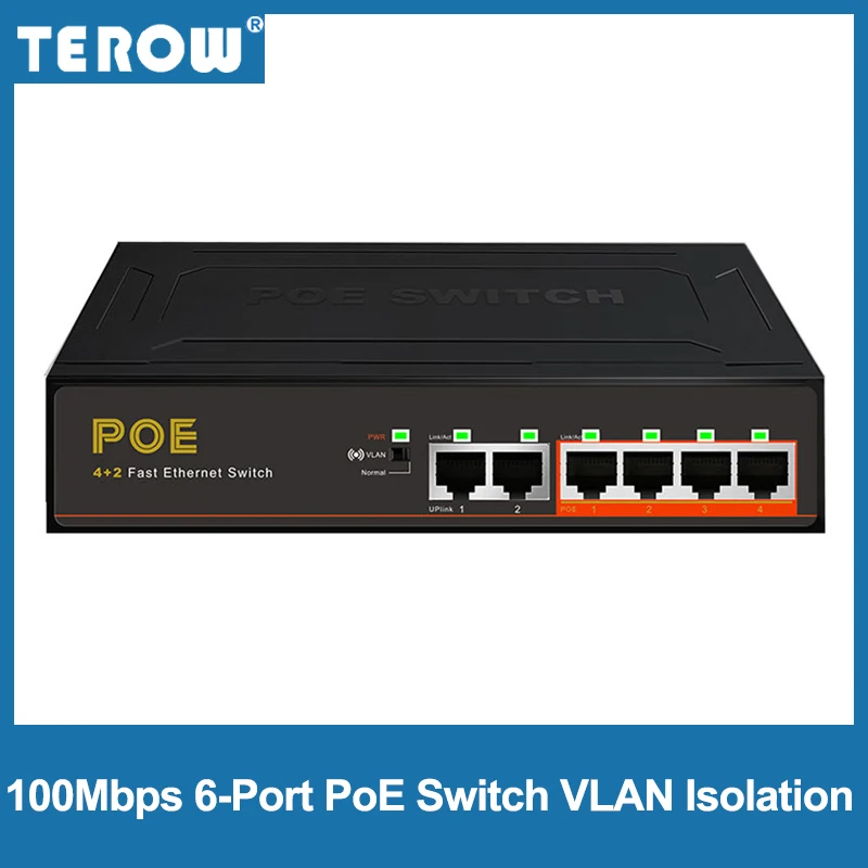 

TEROW Poe Switch 4-Port +2 UP-link 100Mbps 250M Fast Ethernet Network Transmission 52V 1.25A VLAN Isolation Series Power
