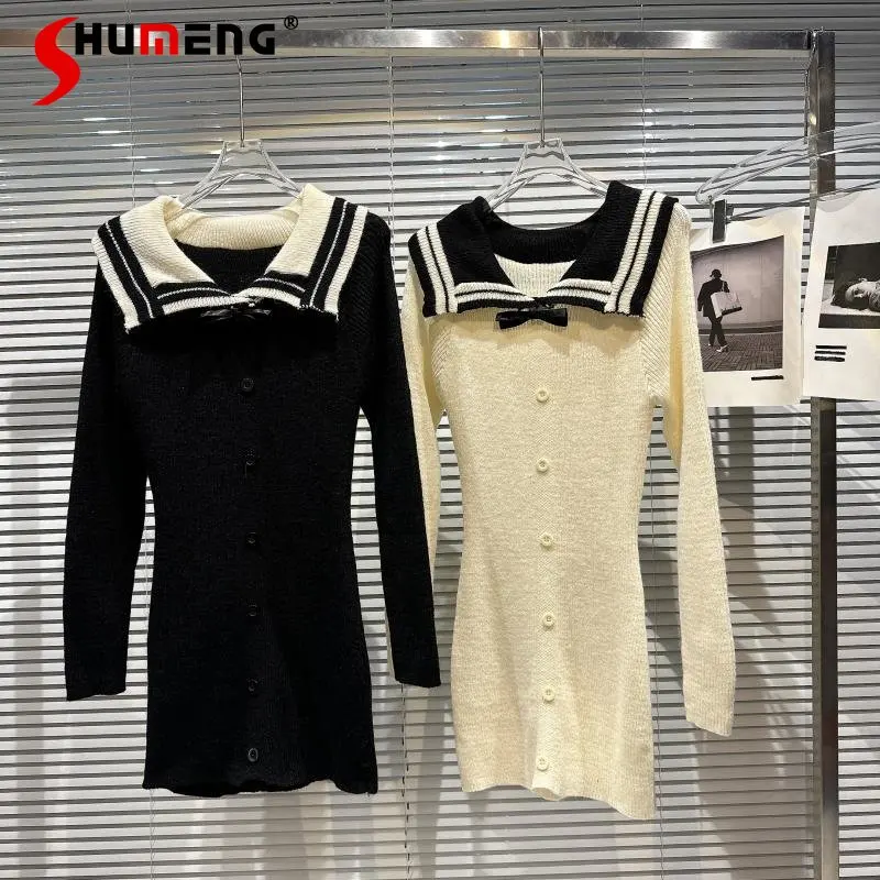 

2022 Winter New Fashion Sweet Sailor Collar Bow Collar Dress Women's Preppy Style Slim Waist A-line Mid-Length Knitted Dress