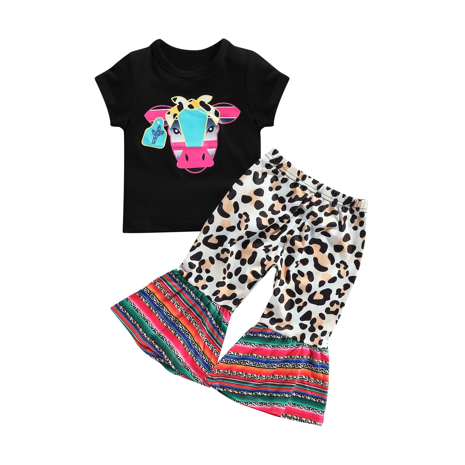

2Pcs Toddler Girls Summer Outfits Short Sleeve Cartoon Cow Print Tops + Leopard Flare Pants Set