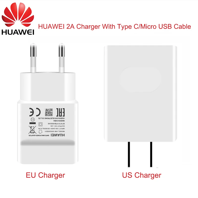 

Original Huawei Wall Charger 5V 2A EU US Adapter 100cm Micro USB Type C Data Cable For P6 P7 P8 P9 P10 lite Mate 10 lite Honor8X