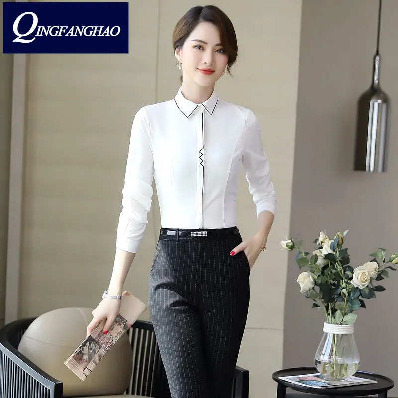 

Осенняя новая стильная белая рубашка с длинными рукавами, Женская приталенная рубашка с невидимыми пуговицами, профессиональный темпераме...