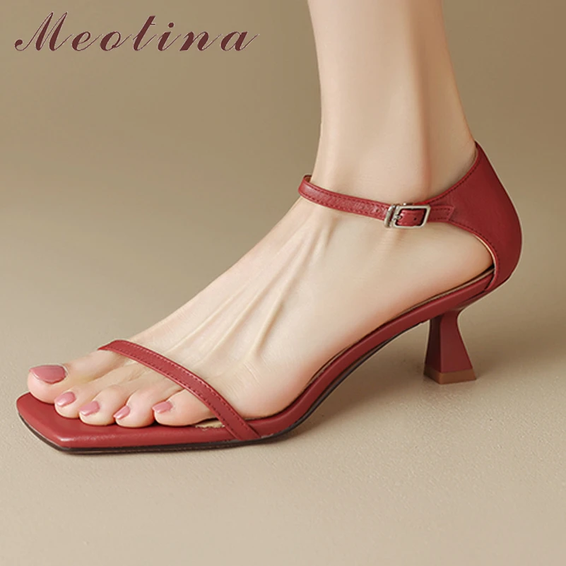 

Meotina Women Genuine Leather Sandals Square Toe Thick High Heels Buckle Ladies Fashion Shoes Summer Black Wine Red Beige 40
