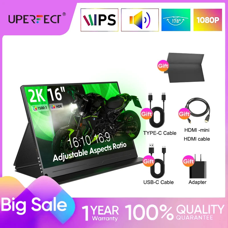 

UPERFECT 16" 2K Portable Monitor 2560*1600 16:10 100%sRGB 400Cd/m² 60Hz Gaming Display For Xbox PS5 Switch Laptop Mac Phone