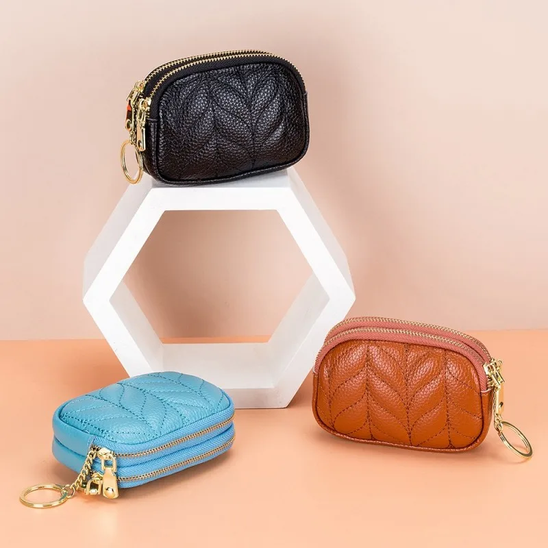 

Leather New Zero Purse Lingge Bag Women's Simple Short Lingge Double Layer Embroidery Storage Bag Card Bag Women's Bag