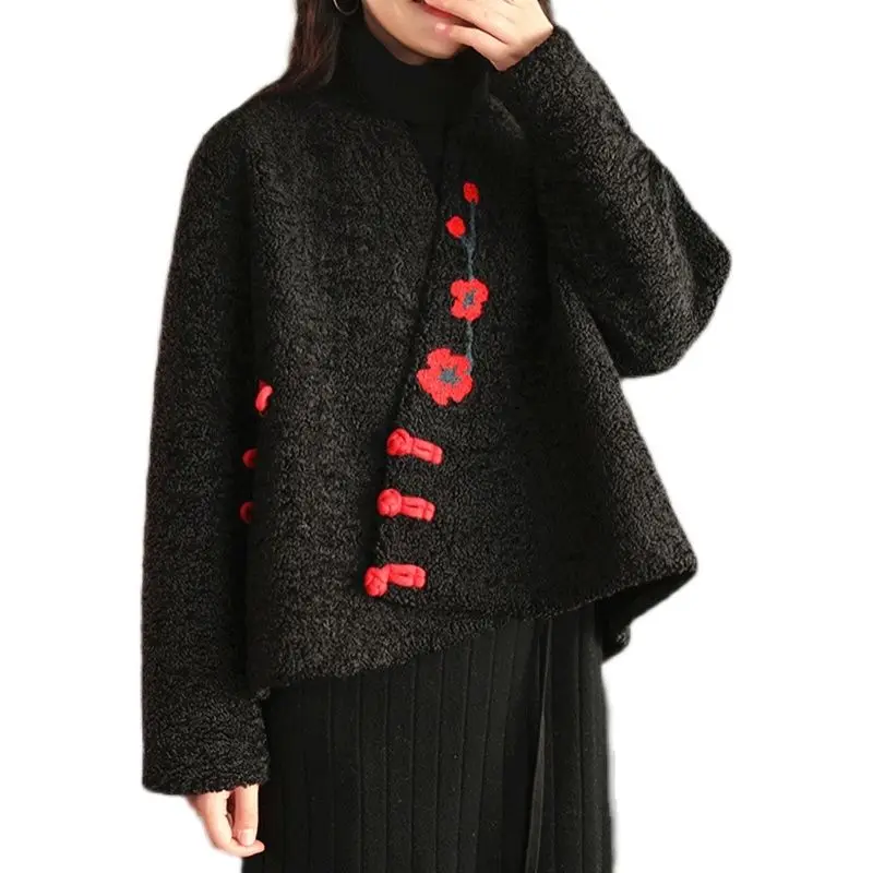 

Improved Hanfu Short Coat Women's Spring Chinese Button Knots Lamb Wool Short Coat Warm-Keeping Cotton Clothing