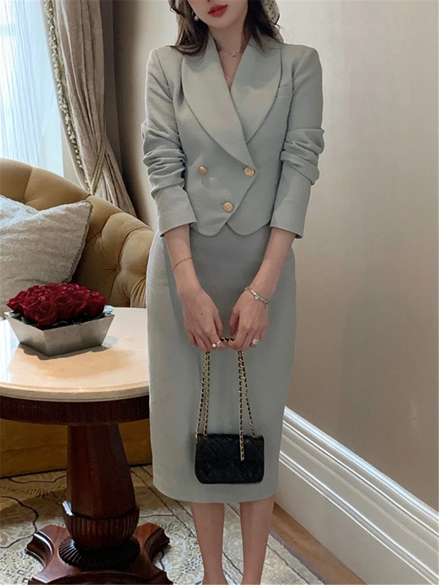 

Женский офисный костюм из двух предметов, элегантный короткий Блейзер с высокой талией и юбка миди в Корейском стиле, Осень-зима