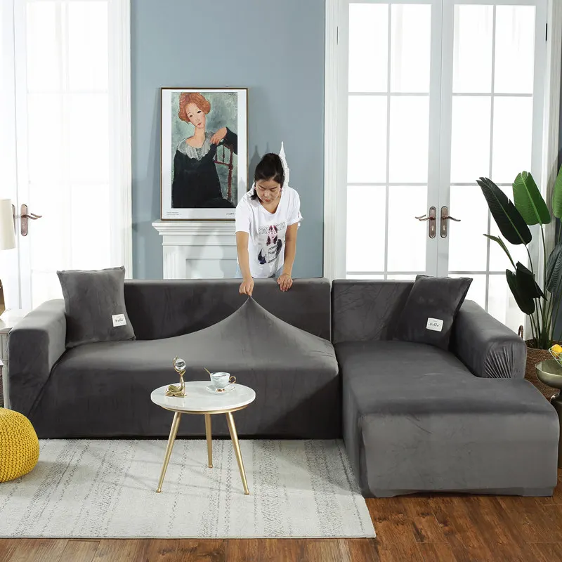 

Бархатный плюшевый утолщенный чехол для дивана, полноразмерный эластичный секционный диван для гостиной, шезлонг L-образный угловой