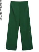 pailete women 2022 fashion with topstitching green wide leg pants vintage high wasit side zipper female ankle trousers mujer