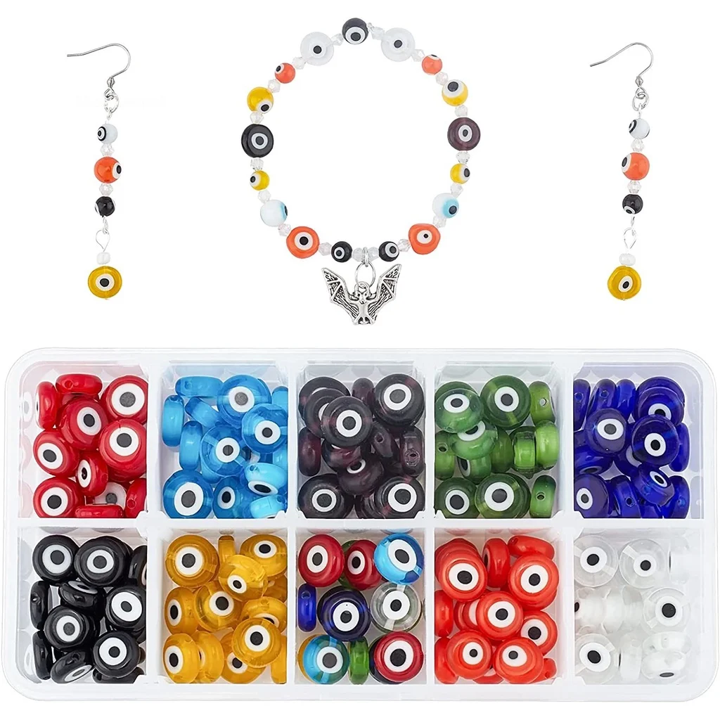 

200pcs 10 Color Evil Eye Lampwork Beads 10x4mm Flat Round Evil Eye Spacer Beads Handcrafted Beads for DIYJewelry Bracelet Making