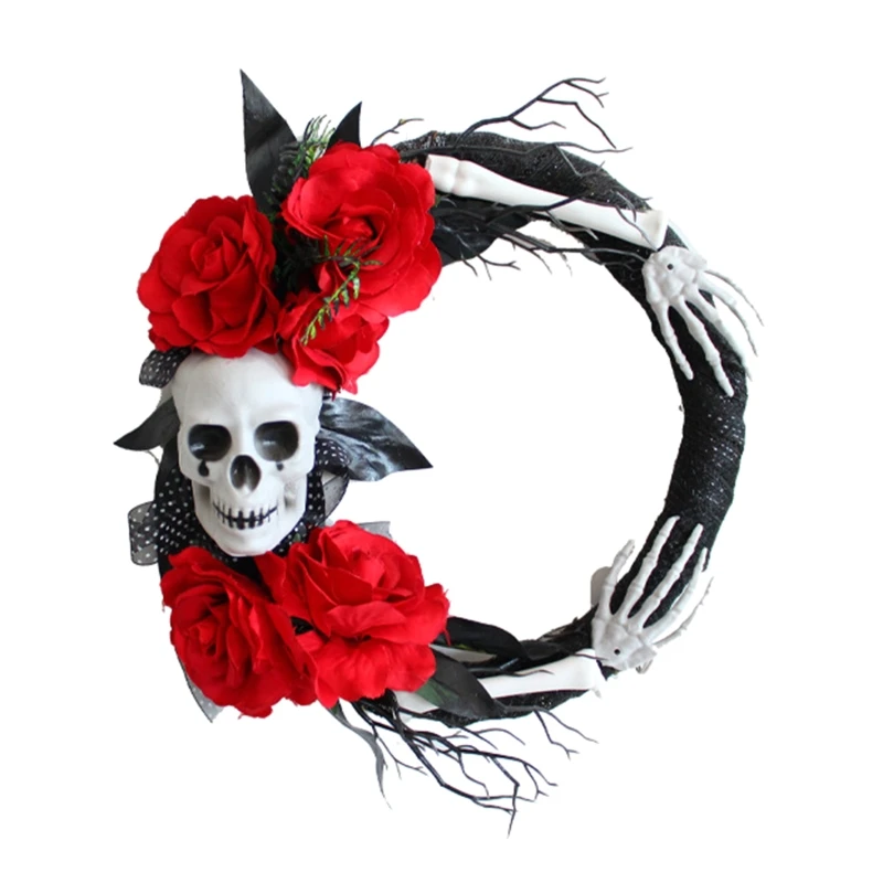 

Венок на Хэллоуин, красная роза, голова черепа, искусственная гирлянда, осень, фотография для дома, фестивавечерние, входная дверь