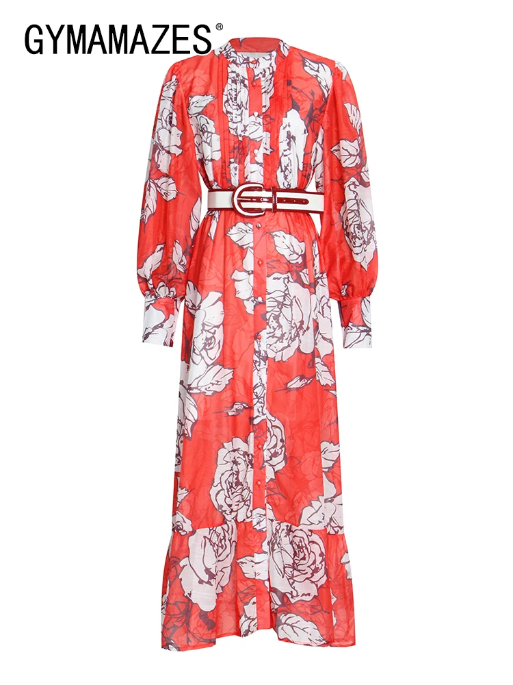 

GYMAMAZES Casual Print Floral Dress For Women Stand Collar Long Sleeve High Waist Colorblock Midi Dresses Female Fashion Clothes