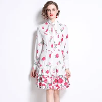 spring new mini dresses stand collar ruffled waist controlled lace up dresses office lady sashes chiffon bow long sleeve dresses