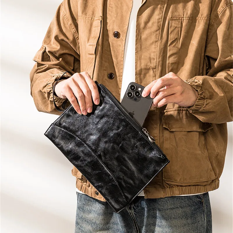 Casual high quality genuine leather men clutches bag fashion outdoor designer luxury real cowhide black pleated phone wallets