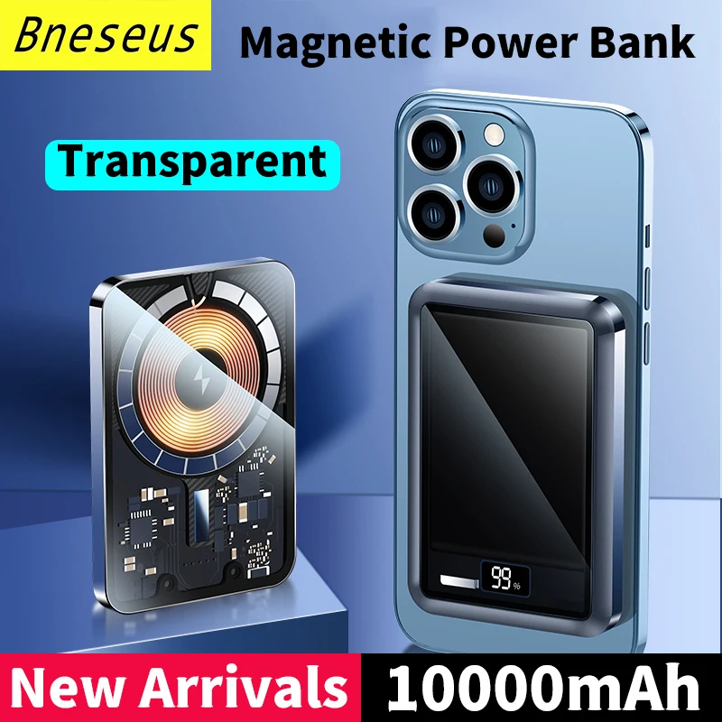 New 10000mAh Transparent Portable Magnetic Power Bank For iphone 12 13 Magnetic Wireless Charger External Auxiliary Battery Pack