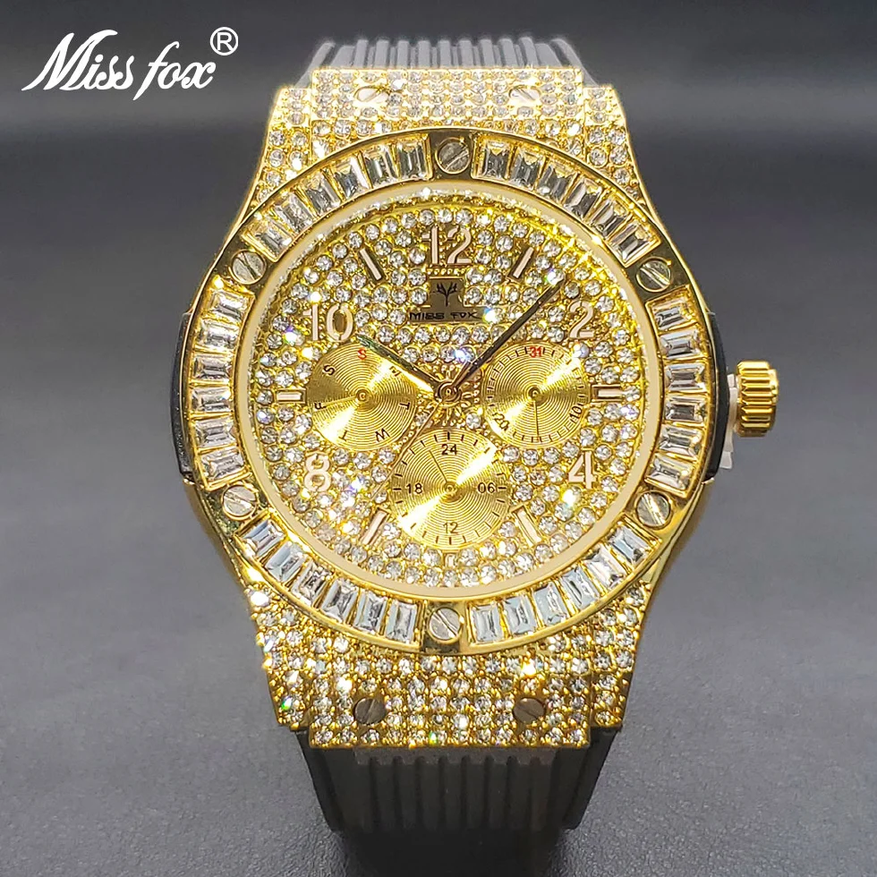 

Men's Sports Watches Gold Luxury Design Waterproof Big Man Quartz Watch Ice Drop Dial Chronograph Wristwatches Dropshipping