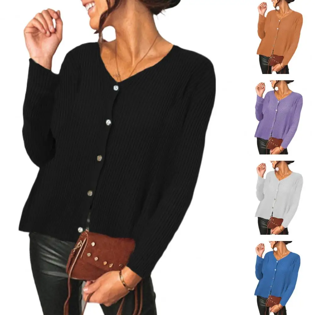 

Sweater Cardigan V-Neck Long Sleeve Ribbed Simple Ladies Sweater Autumn Winter Solid Buttons Placket Knitted Coat Outerwear