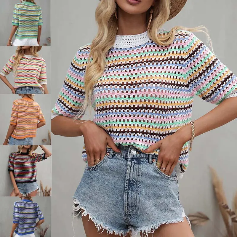 

Women Striped Hollow Out Pullover Sweater Knit Tees Crewneck Half Sleeve Top Beachwear Casual Summer lightweight Soft