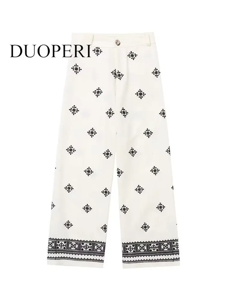 

DUOPERI Women Fashion Flax Embroidery Front Zipper Straight Pants Vintage High Waist Full Length Female Chic Lady Trousers