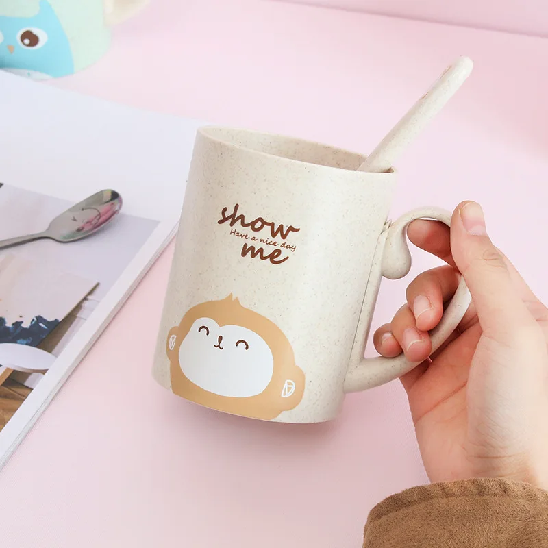 

Wheat Straw Mug Environmental Friendly Cute Cartoon Milk Coffee Cup European Couple Drinking Cup Kupa Bardak with Lid and Spoon