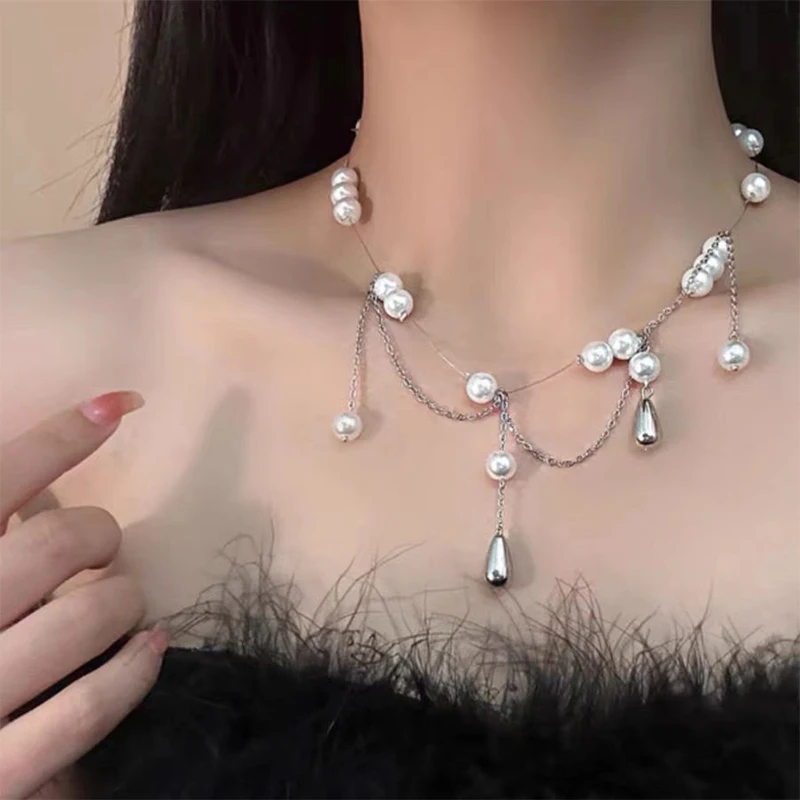 ity wyszukana słodka kropla wody perłowy naszyjnik z frędzlami dla kobiet dziewczynki moda osobowość łańcuszek do obojczyka Party biżuteria