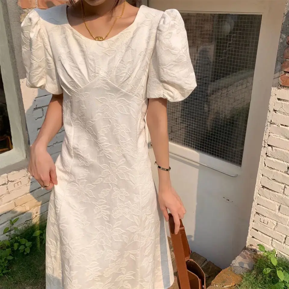 

Jacquard Vintage Elegant Women Dress Summer Puff Sleeve O-neck Slim Waist Belted Midi Dresses Korean Fashion Solid Party