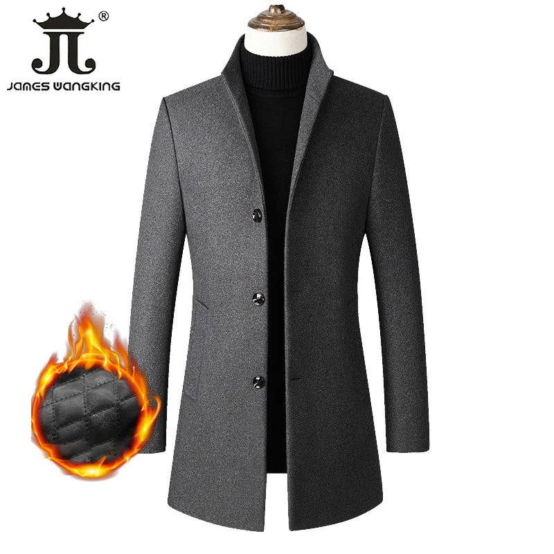Autumn & Winter Thick Warm and Thin Mens Single-breasted Stand-up Collar Woolen Coat Business Casual Slim CoatWoolen Jacket Male