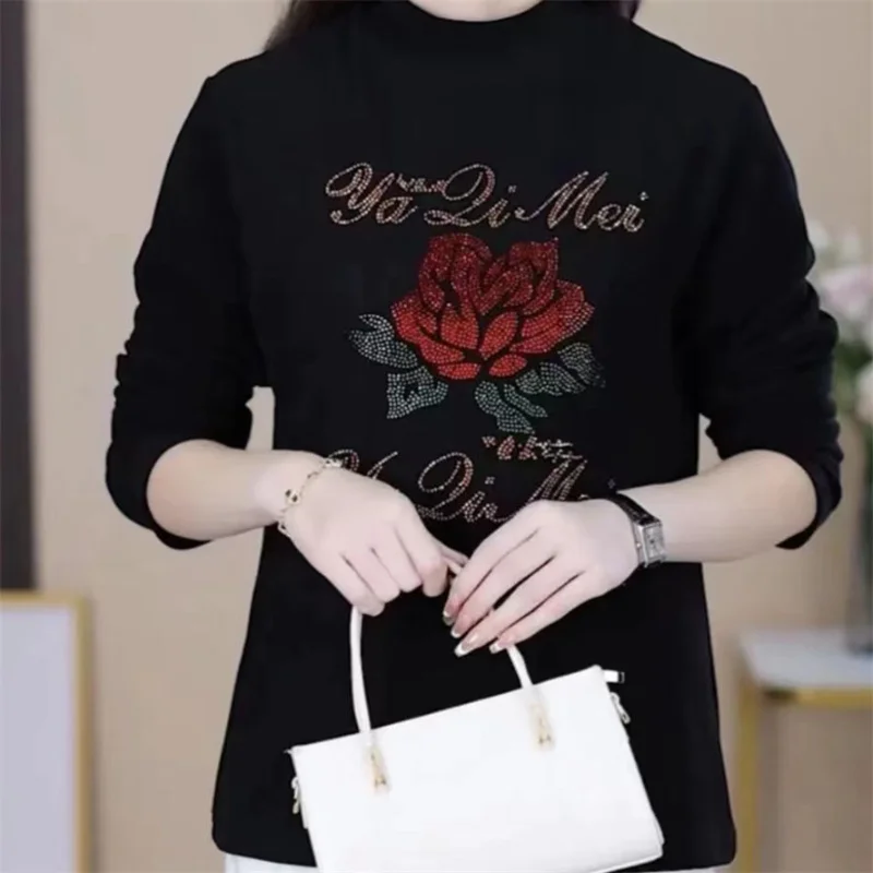 

Women Autumn and Winter New Half High Neck Thickened Warm Bottom Shirt Slim Solid Color Letter Diamond T-shirt Long Sleeves Tops