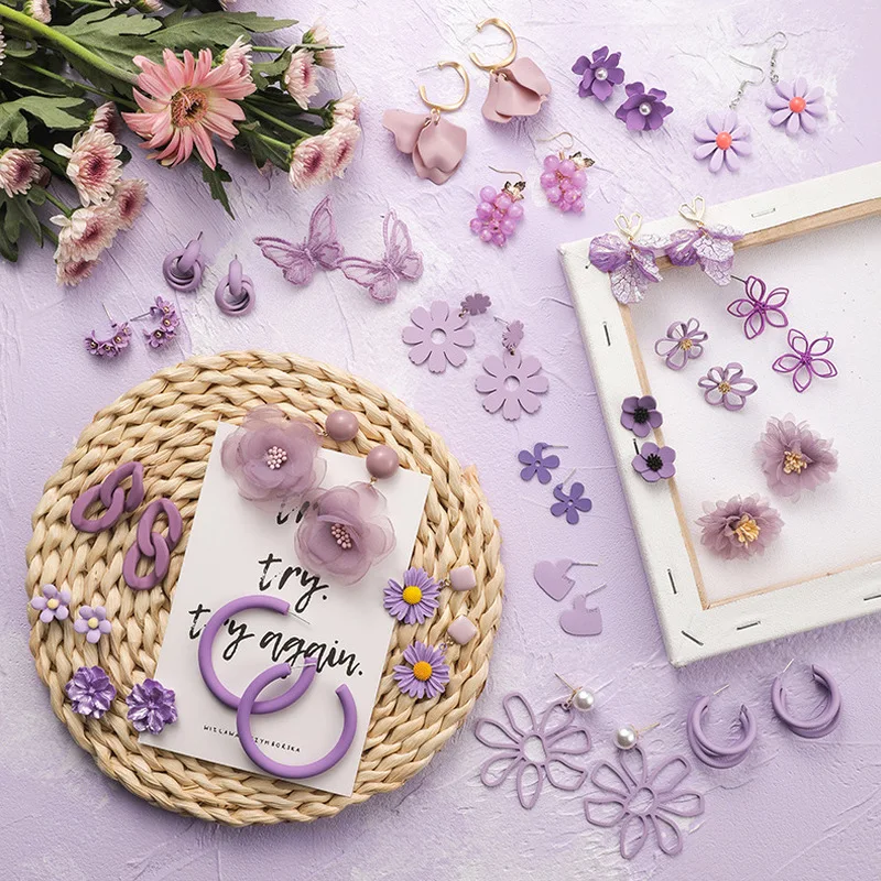 2020 Korean Purple Flower Pendant Earrings Multiple Geometric Drop Earrings Trendy Resin Acrylic Raffia Dangle Earrings Jewelry