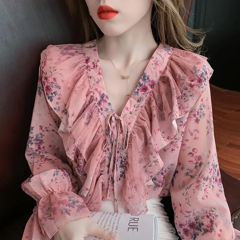

Bow's chiffon shirt blouse female 2022 autumn new series bandage thin sweet foreign fang sleeve shirt v neck casual blouse