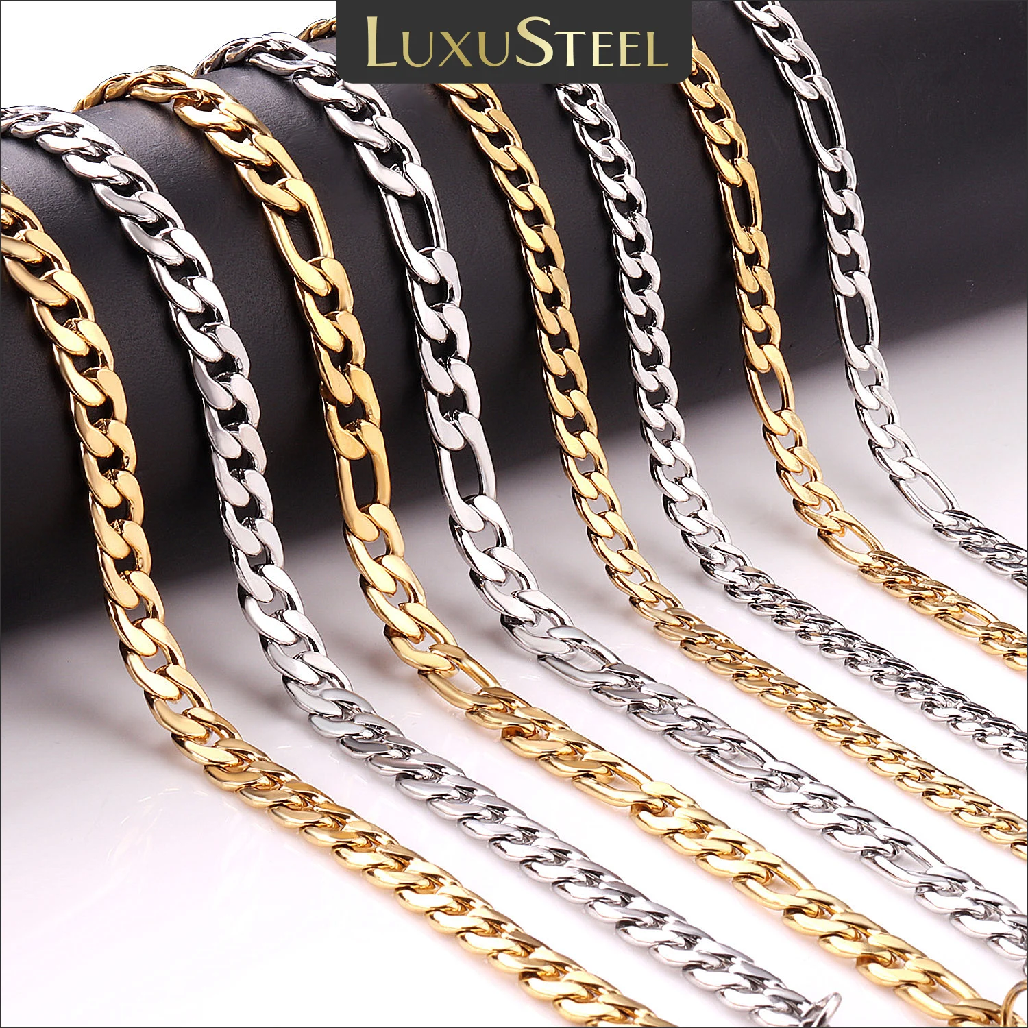 Фото Цепь LUXUSTEEL в стиле панк для мужчин и женщин, базовое ожерелье из нержавеющей стали, Плетеный чокер «Фигаро» в Кубинском стиле, 5 мм/7 мм №1
