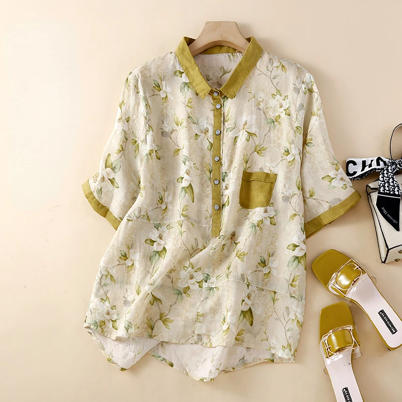 

Рубашка в китайском стиле для женщин, Новинка лета 2023, повседневные блузки с цветочным принтом, свободный винтажный топ из хлопка и льна с коротким рукавом YCMYUNYAN