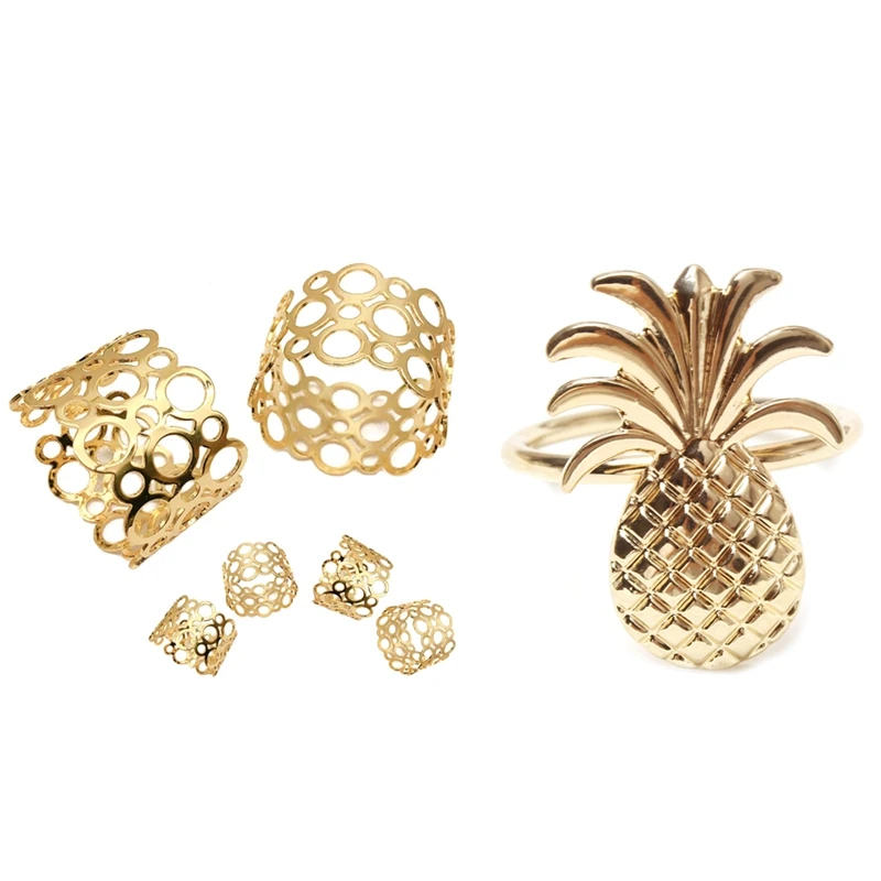 

12Pcs Pineapple Napkin Ring Metal Plating Napkin Ring Gold & 6-Piece Metal Napkin Holder Hollow Round Design Napkin Ring