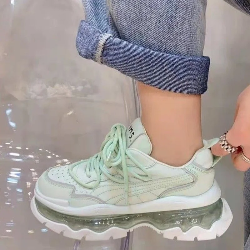 

New 2022 Lace Up Sports Leisure Women's Vulcanized Shoes Thick Soled Air Cushioned Comfortable Breathable Women Chunky Sneakers