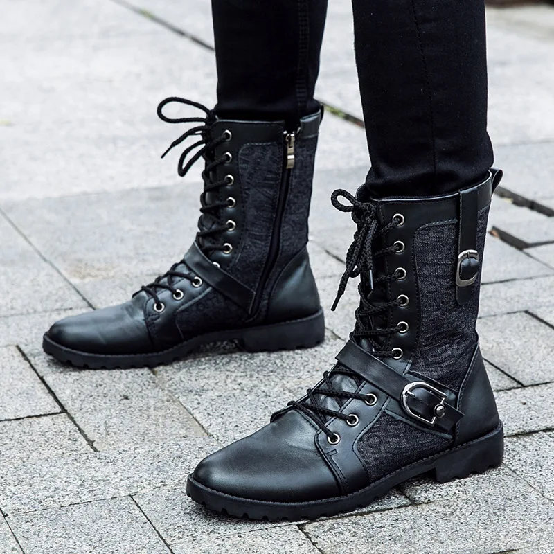 

Winter New Black Thick Base Cloth Mid-Top Boots Men Fall British Trend Hight-Top Korean Casual 's Shoes Botas