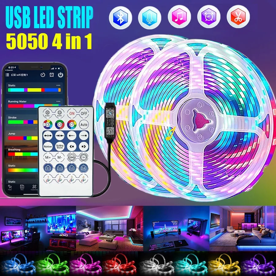 

WS2812B LED Strip Light for Room RGB Bluetooth USB Diode Flexible Addressable Lamp Tape Rainbow-like Effect DC 5V Ceiling Light