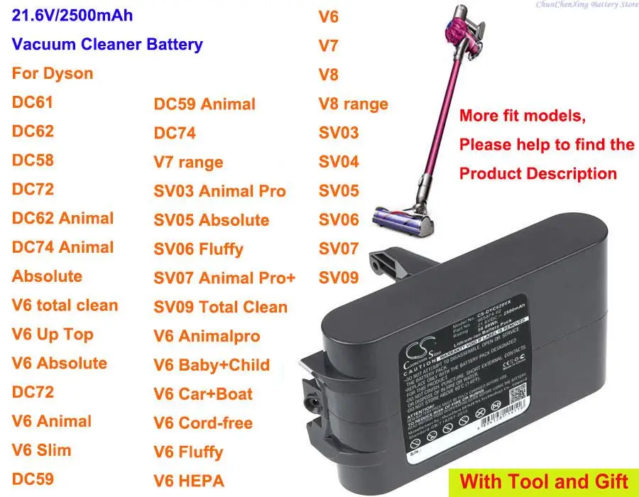 

Аккумулятор Cameron Sino 2500 мАч для Dyson DC58, DC61, DC62, DC72, V6, DC74 Animal,Absolute, V6 Animal, V6 total clean, V6 Up Top