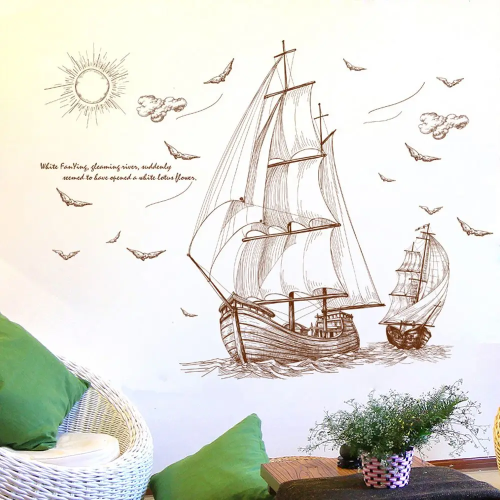 

Quiet Sailboat Landscape Wall Decal Cartoon Pirate Ship Wall Stickers PVC Removable Art Mural Decals DIY Room Home Decoration