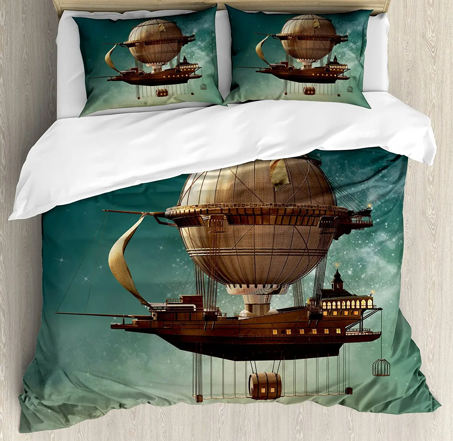 

Fantasy Double Bed Duvet Cover Set Surreal Sky Scenery with Steampunk Airship Fairy Sci Fi Stardust Space Image Bedding Set