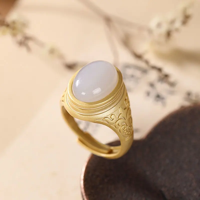 

Ancient gold craftsmanship inlaid natural Hetian white jade oval opening adjustable ring Chinese style charming ladies jewelry