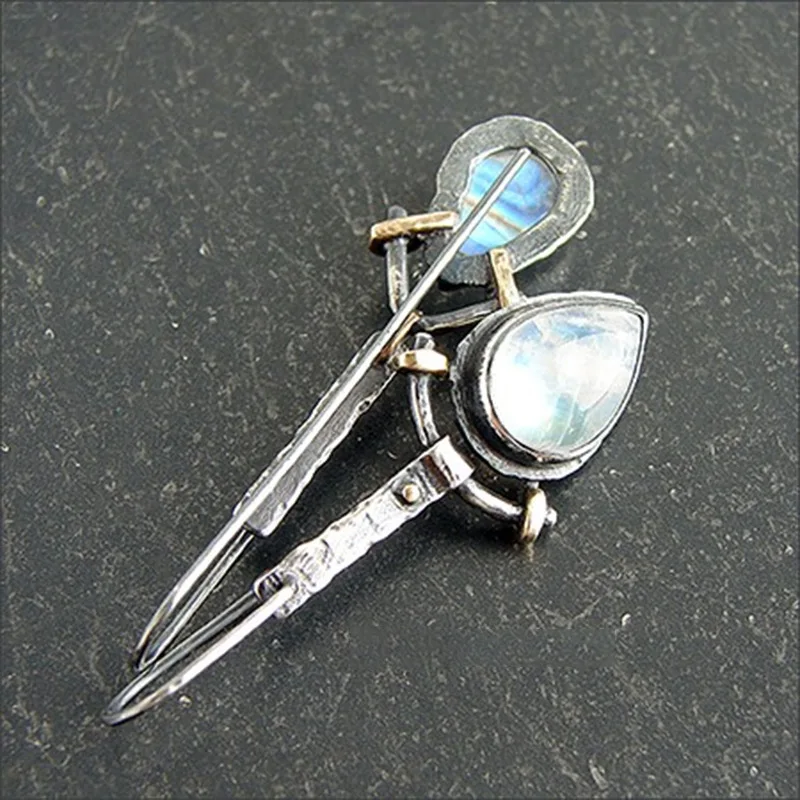 

Womens Water Drop Moonstone Dangle Earrings Fashion Vintage Silver Color Asymmetry Metal Eardrop Wedding Earrings Jewelry Gifts
