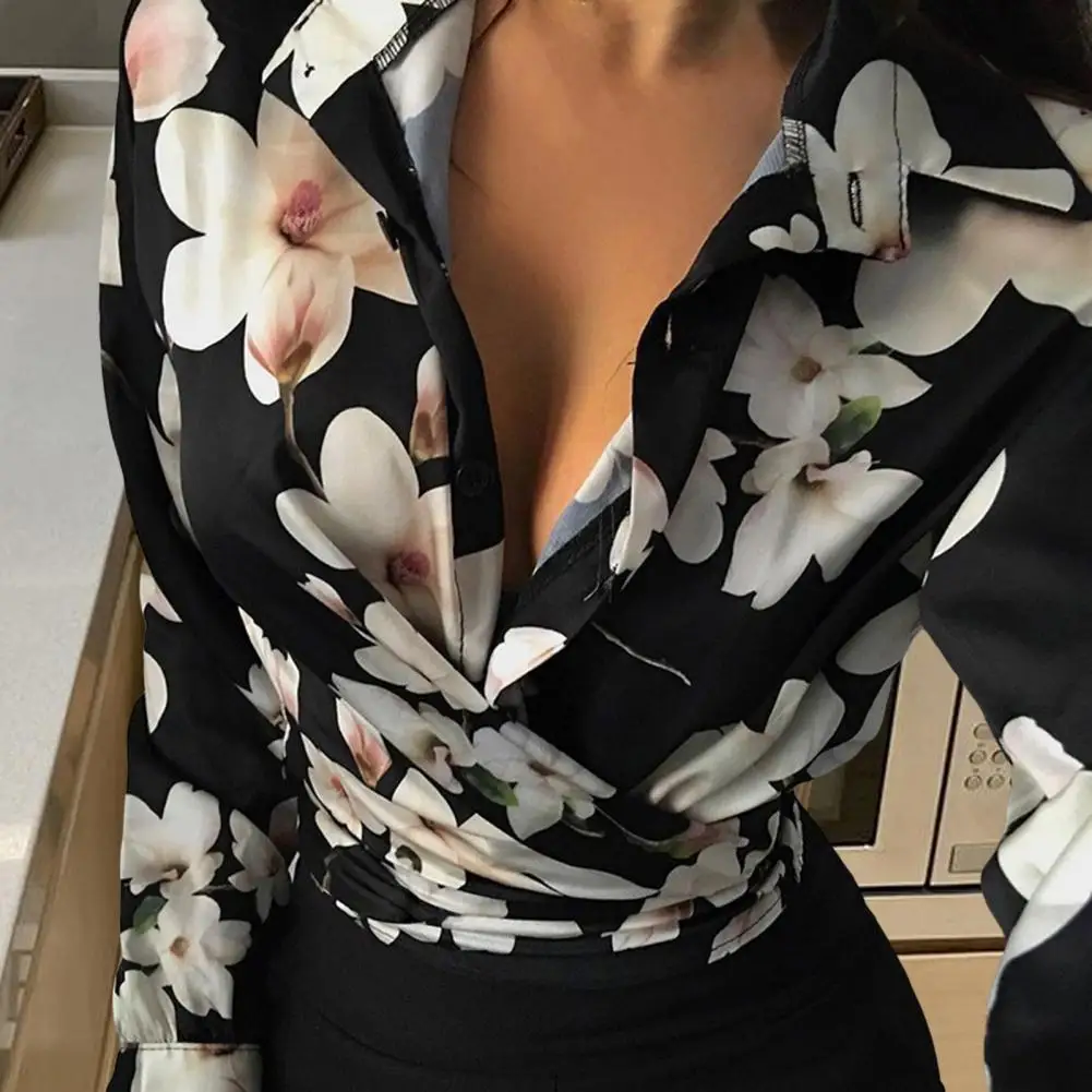 

Autumn Shirt Waist Tight Breathable Workwear Turn-down Collar Floral Print Casual Shirt Women Shirt Female Clothing