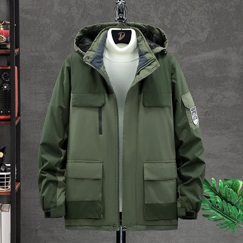 

2022 Winter Cargo Military Jacket Men Thick Warm Patchwork Parkas Hooded Clothes Velvet Fashion Oversize 8XL 9XL Pocket Coat