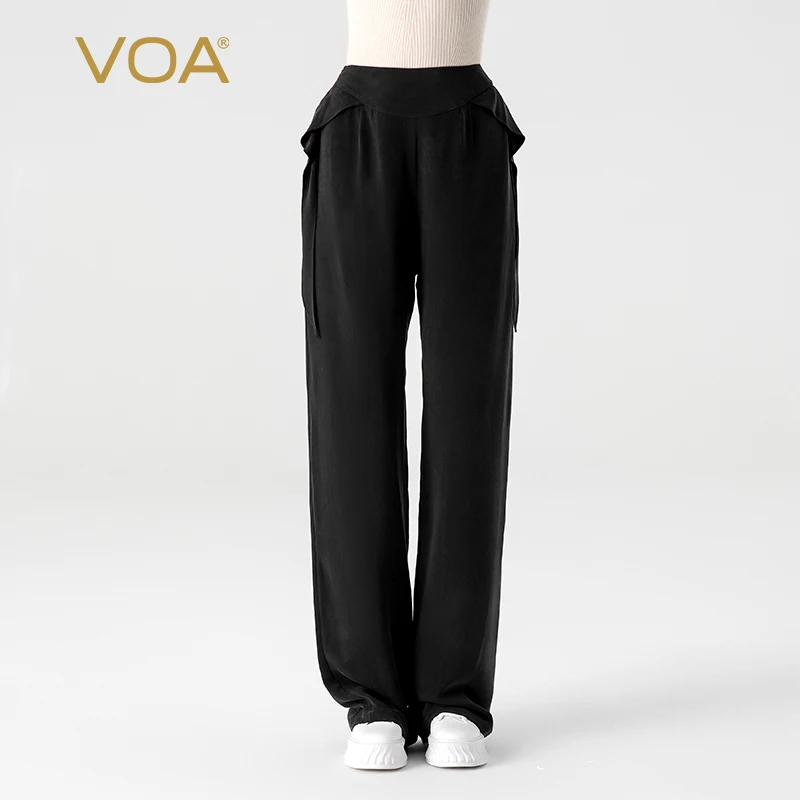 

VOA 30 Momme Heavyweight Silk Black Loose Leaf Decoration Natural Waist Trousers High-end Office Lady Straight Silk Pants KE865