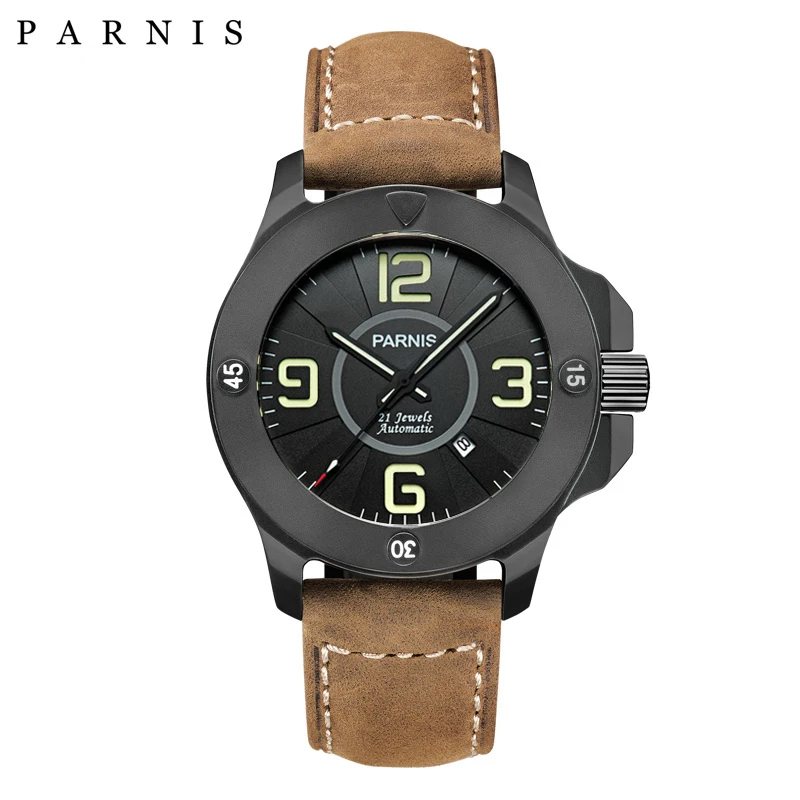 

New Parnis 47mm Black Dial Green Word Military Mechanical Watches Men Sapphire Crystal Automatic Watch Leather Strap 2022 Gift