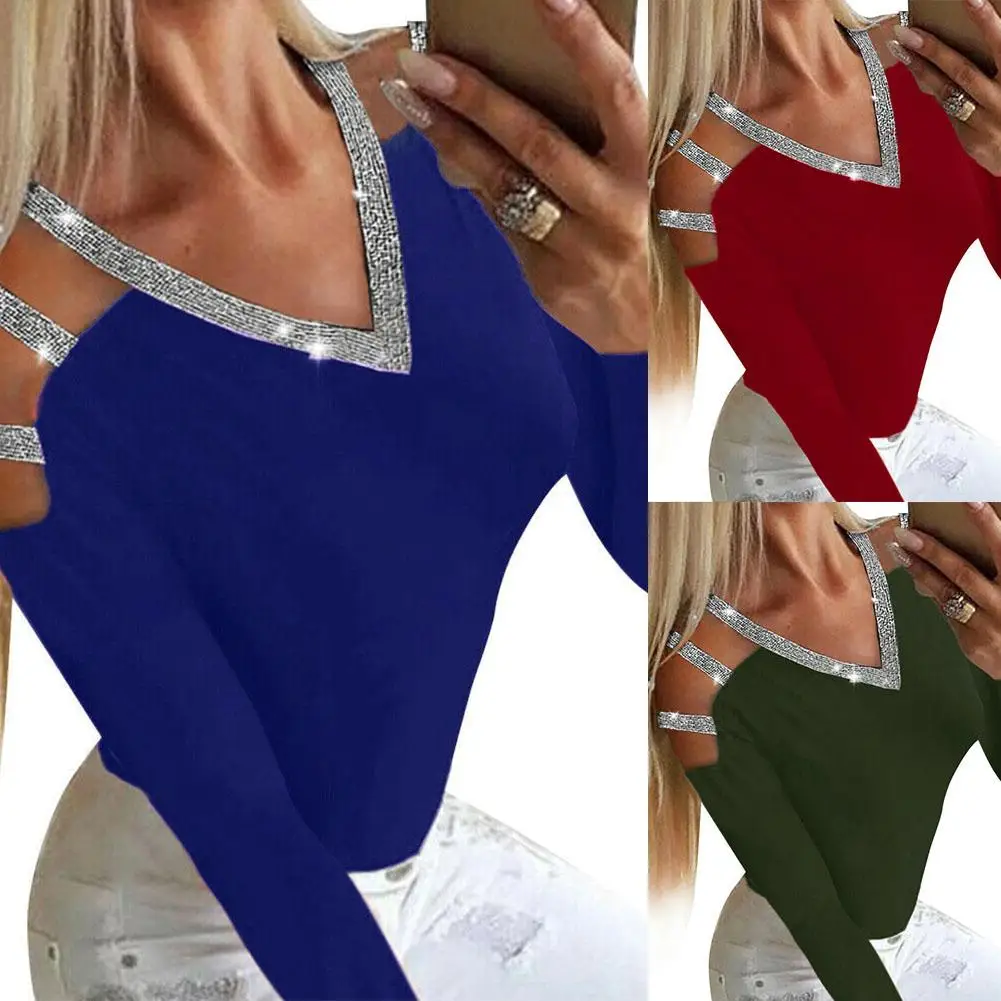 Hot Women's New Sequins Decorated V-neck Women's Long-sleeve Top Open-shoulder T-shirt