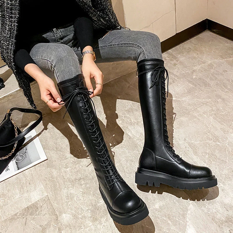 

Женские высокие ботинки со шнуровкой, повседневные Нескользящие ботинки из искусственной кожи на толстой подошве, на молнии, 2022