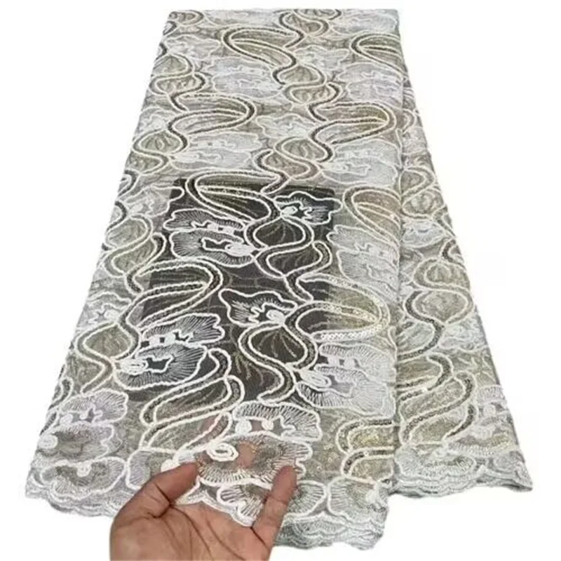 

Белая/Золотая Высококачественная французская нигерийская сетчатая ткань с вышивкой 5 ярдов африканская кружевная ткань с блестками для шитья свадебного платья